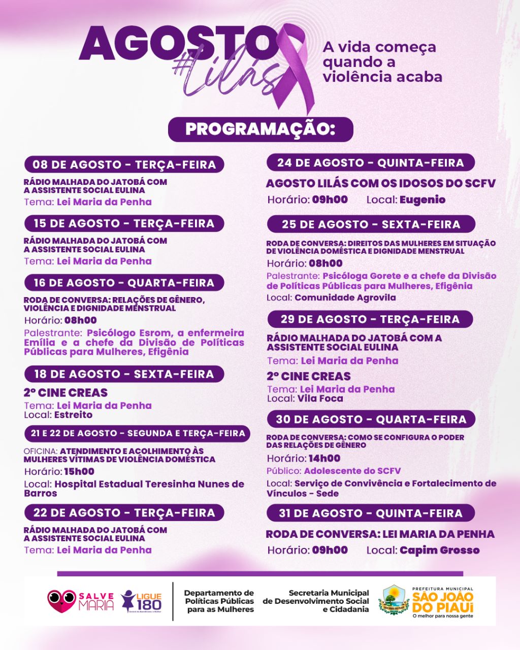 Divisão de Mulheres divulga programação do Agosto Lilás.