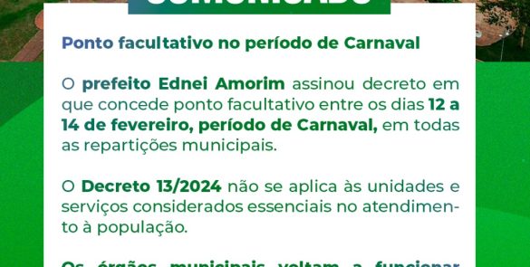 COMUNICADO: ponto facultativo no período de Carnaval